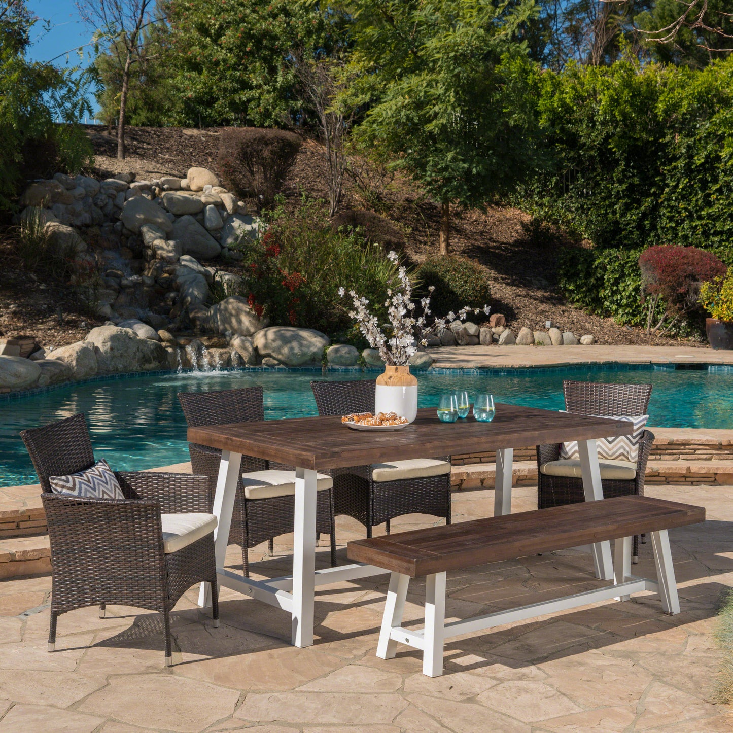Linda Outdoor 6 Piece Wicker Dining Set with Acacia Wood Table and Bench