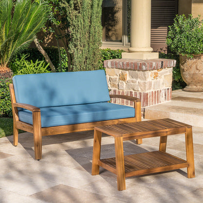 Christian Outdoor Acacia Wood Loveseat and Coffee Table Set with Cushions