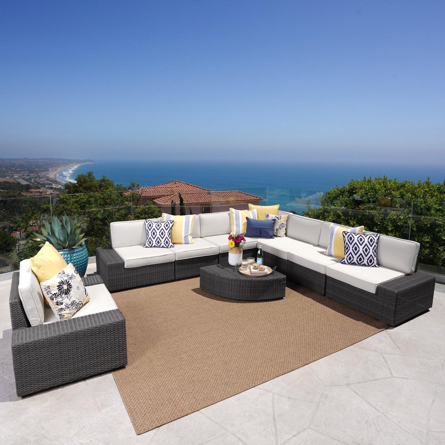 Reddington Outdoor 9 Piece Wicker Sectional with Beige Water Resistant Cushions