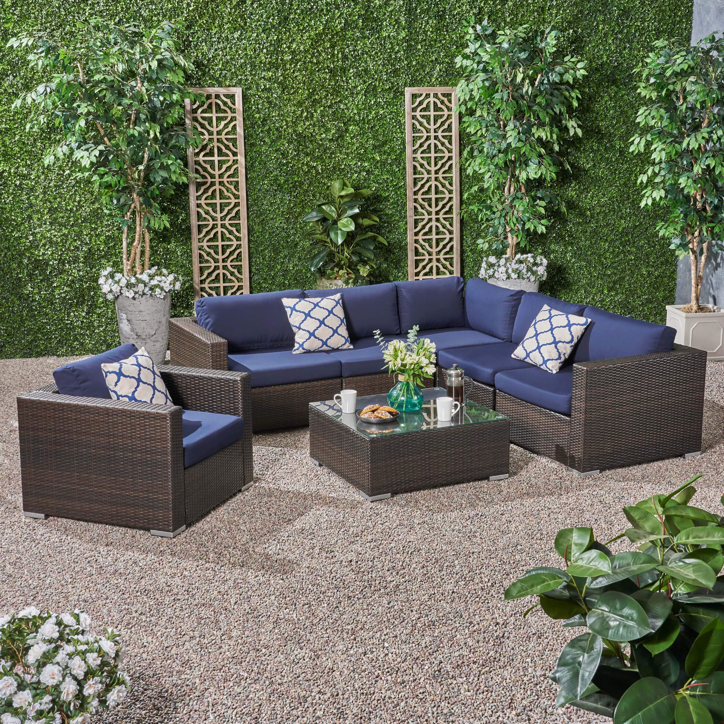 Kyra Outdoor 6 Seater Wicker Sectional Sofa Set with Sunbrella Cushion GDFStudio