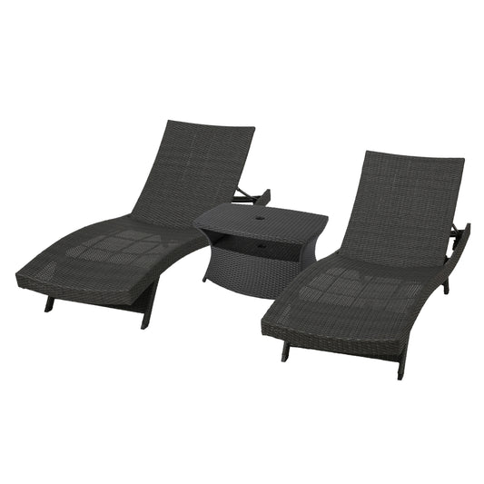 Lakeport Outdoor 3 Piece Grey Wicker Chaise Lounge Set with Table