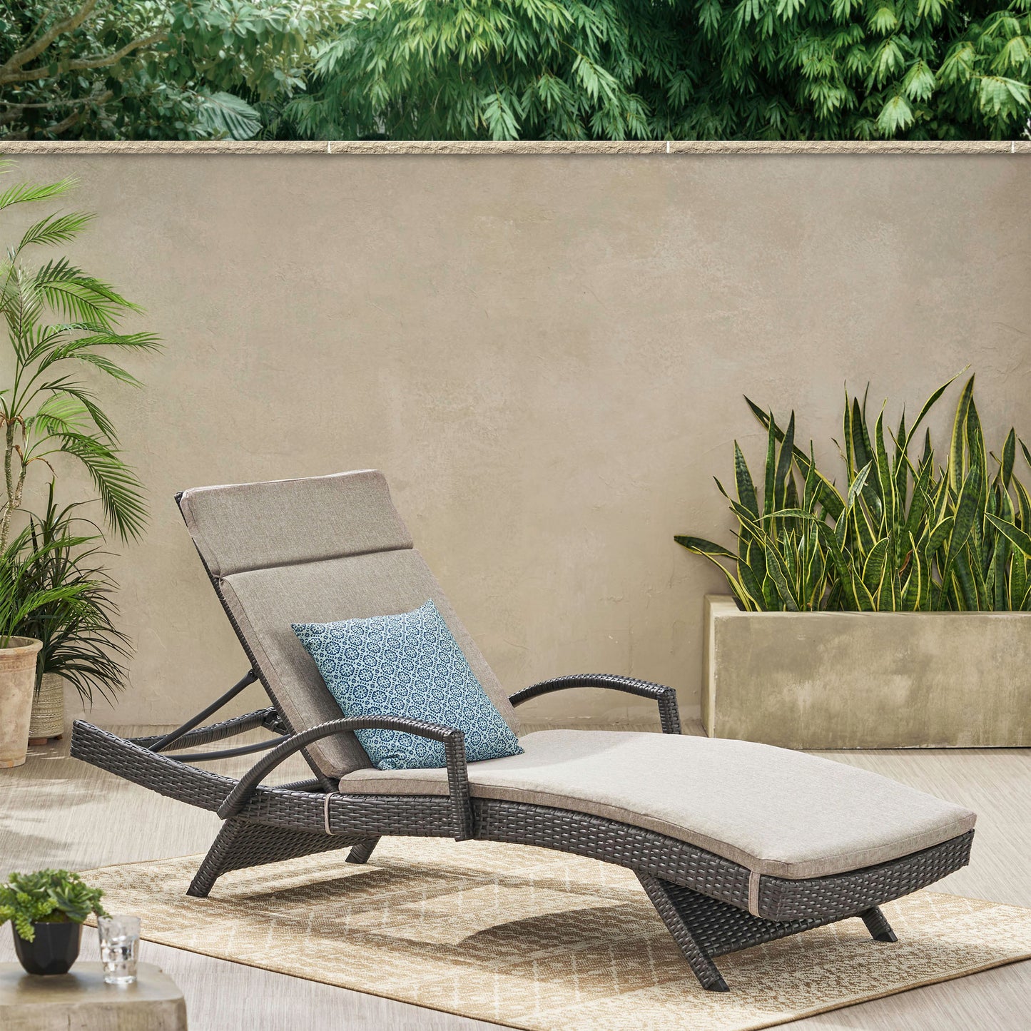 Solaris Outdoor Grey Wicker Armed Chaise Lounge w/ Water Resistant Cushion