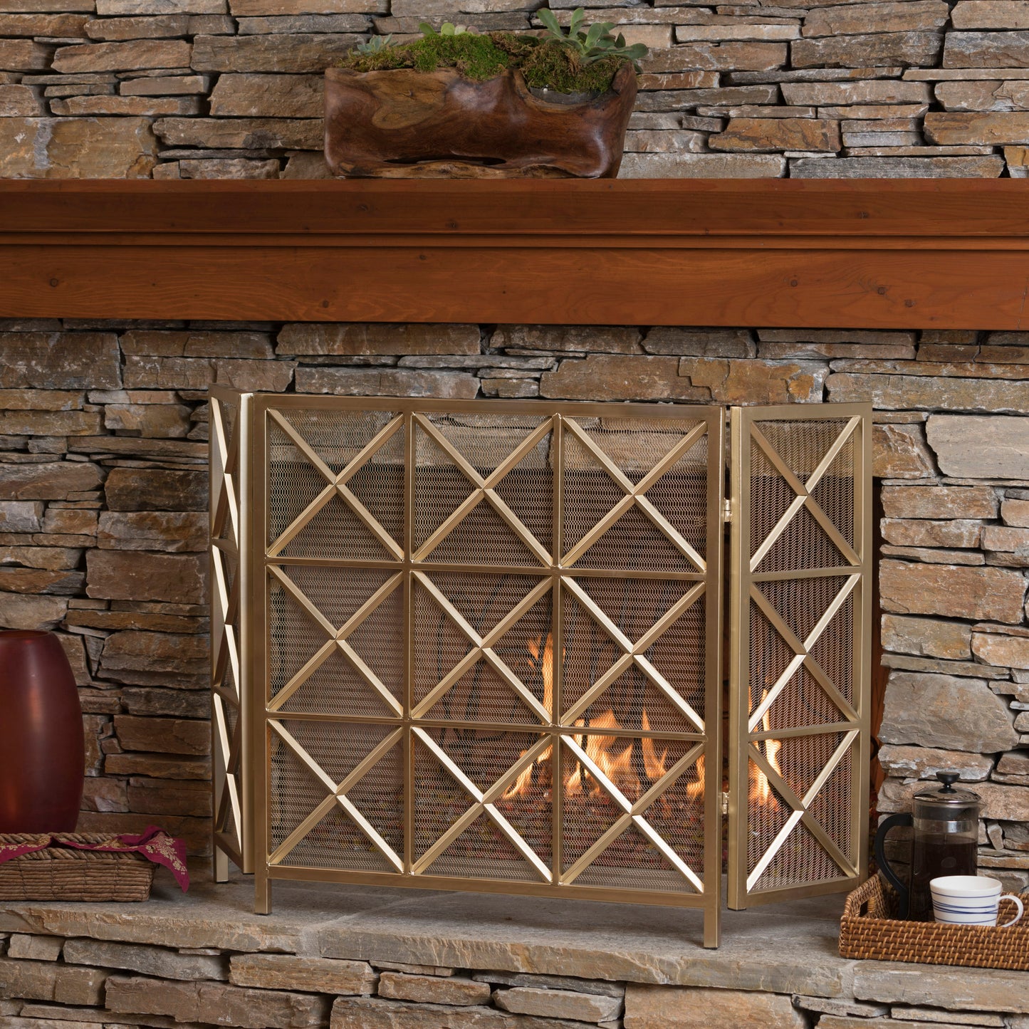 Mandralla Modern 3-Panel Iron Fireplace Screen with Cross Hatch Pattern