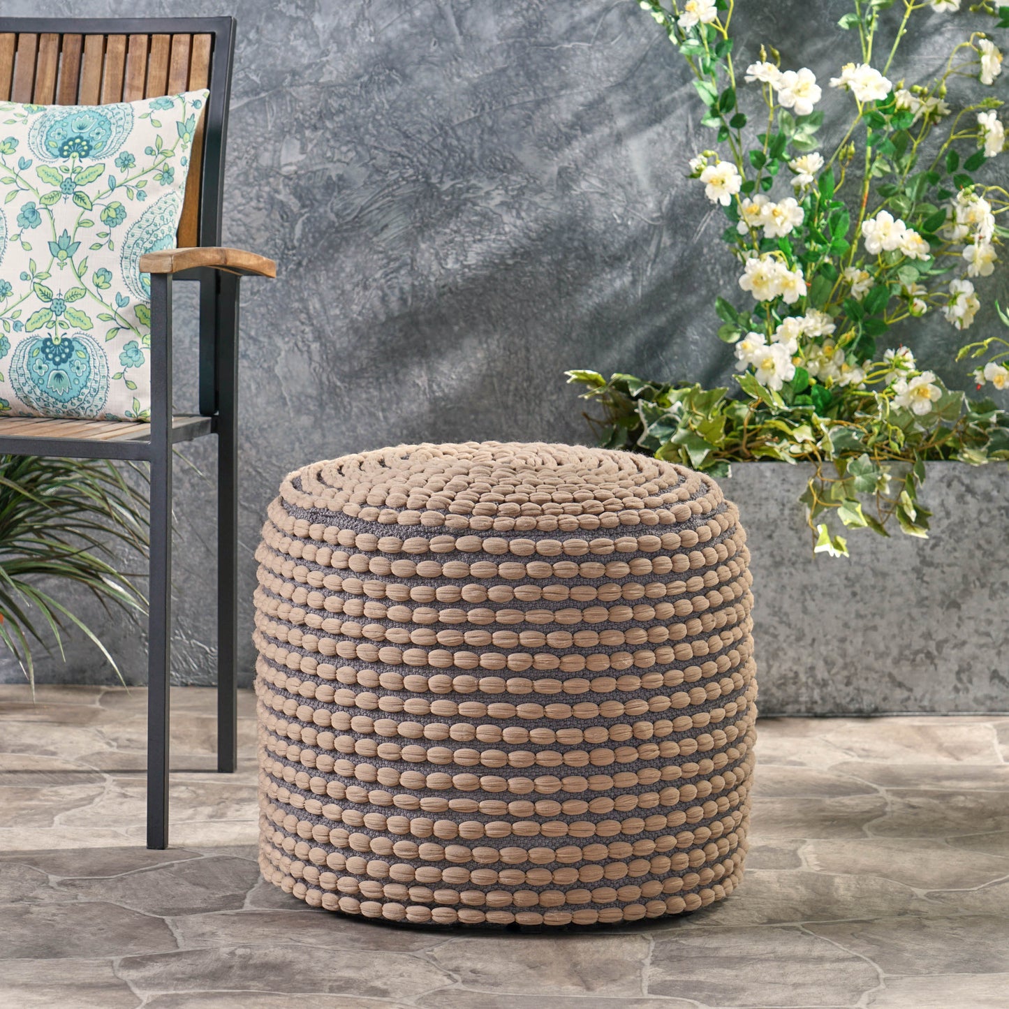 Rosalyn Handcrafted Modern Water-Resistant Fabric Ottoman Pouf