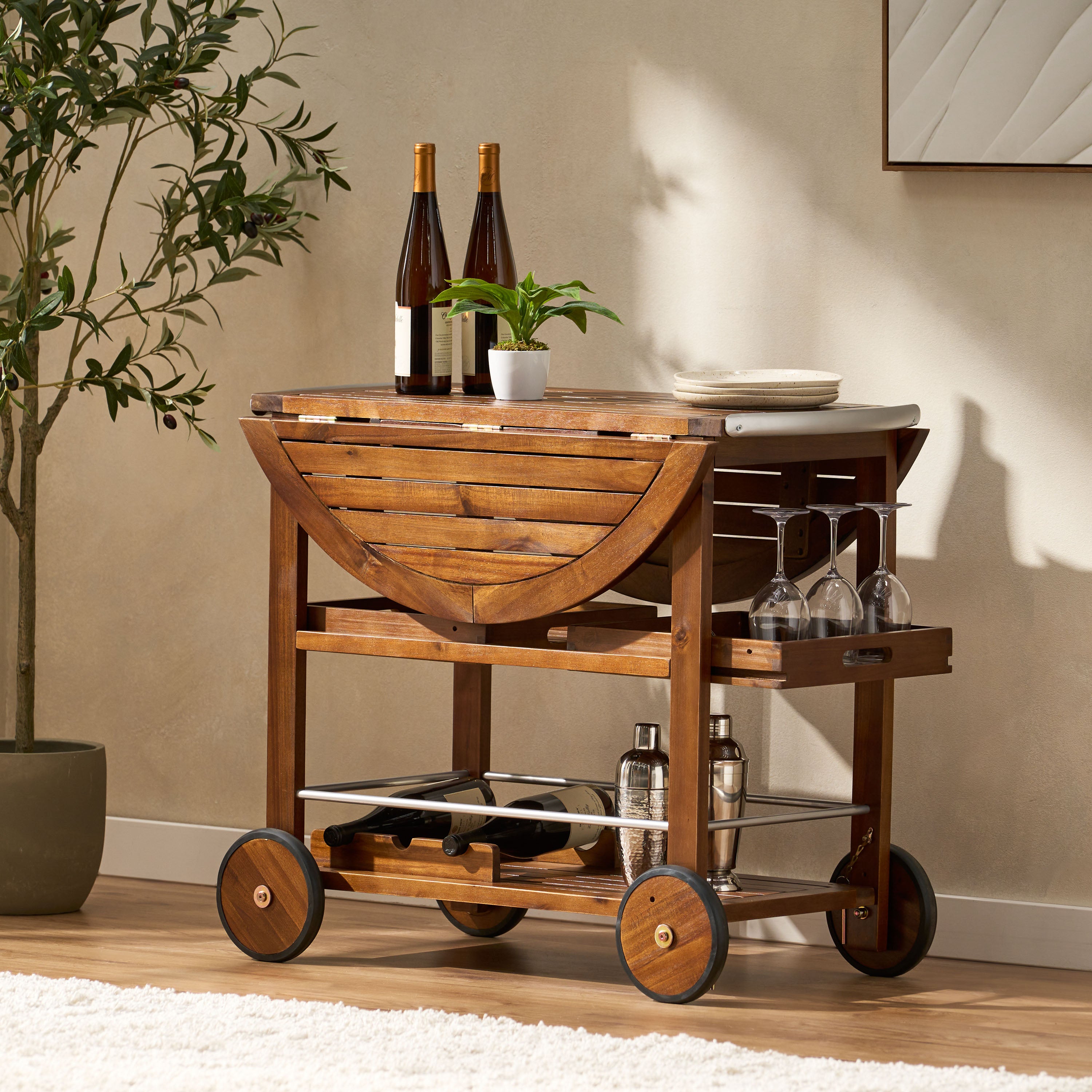 Wood bar cart with wine online rack