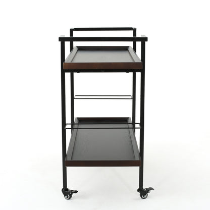 Gerard Modern Industrial Two Shelf Wood Finished Bar Cart with Rolling Casters