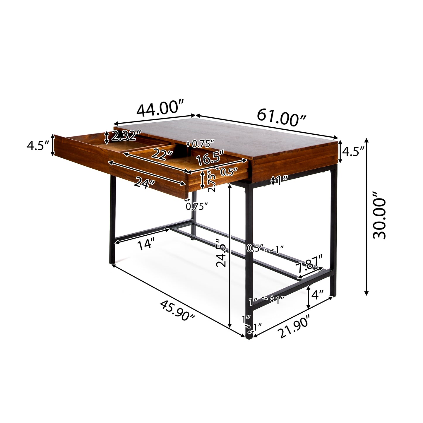 Elrod Industrial Dark Oak Acacia Wood Storage Desk with Rustic Metal Iron Accent