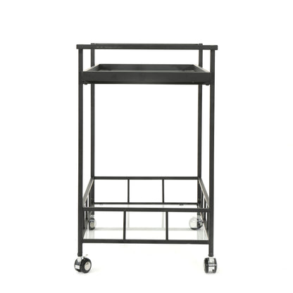 Brose Indoor Industrial Black Iron Bar Cart with Tempered Glass Shelves
