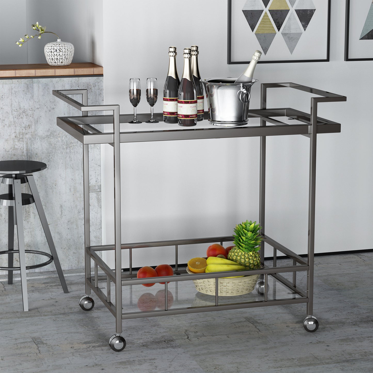 Brose Indoor Industrial Black Iron Bar Cart with Tempered Glass Shelves