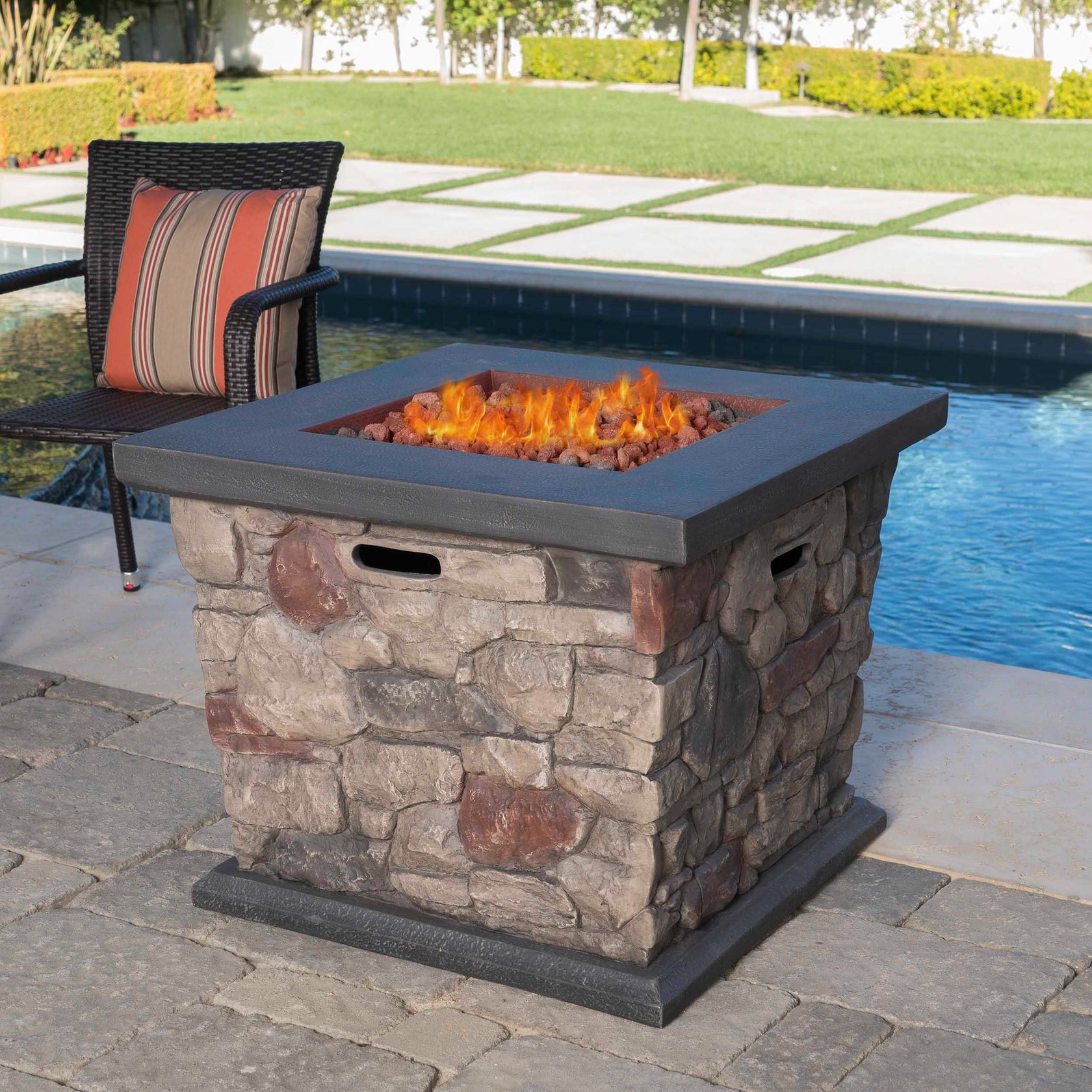 Alyna Outdoor Stone Finished Square Fire Pit - 40000 BTU – GDFStudio