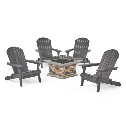 Benson Outdoor 5 Piece Acacia Wood/ Light Weight Concrete Adirondack Chair Set with Fire Pit
