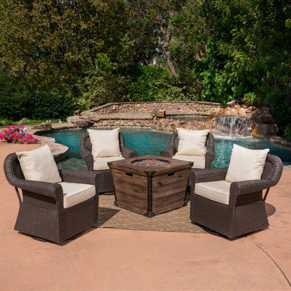 Parker Outdoor 5 Piece Wicker Swivel Club Chair with Aluminum Frame and Fire Pit Set, Dark Brown with Beige and Brown