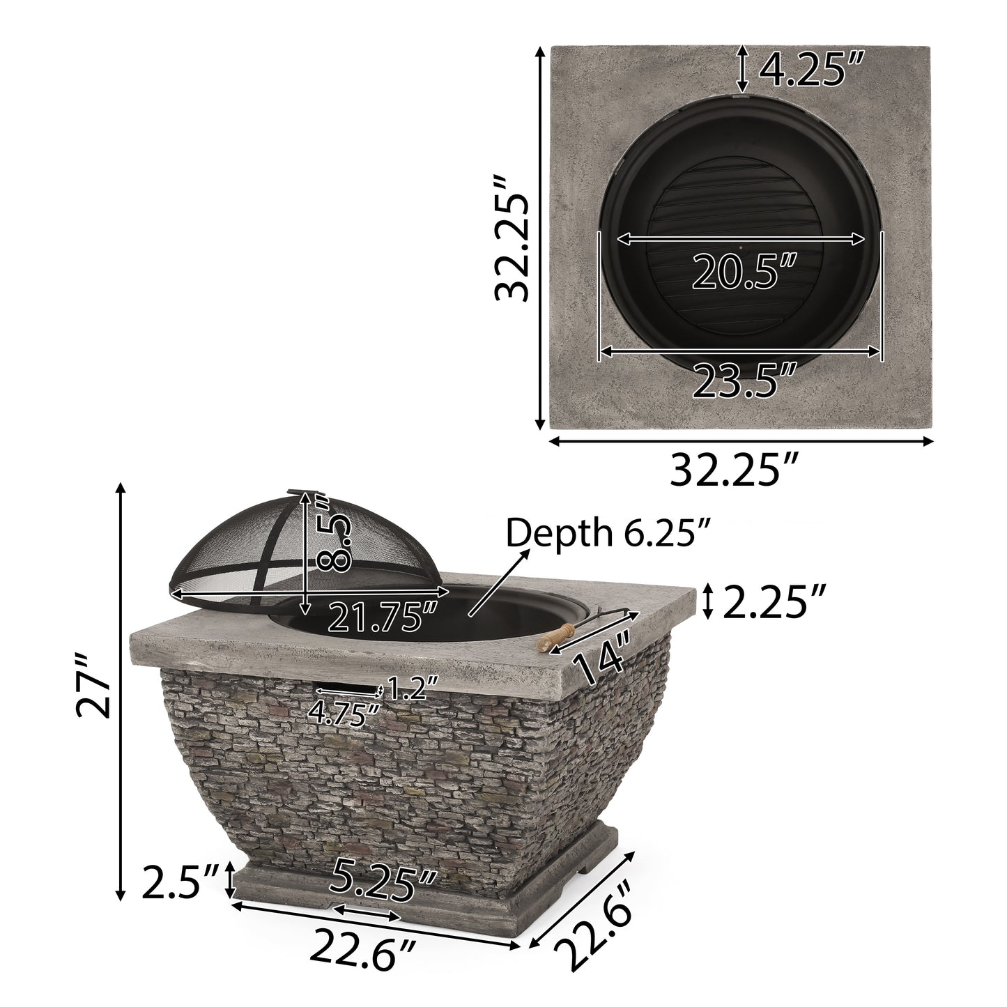 Laraine Outdoor 32-inch Wood Burning Light-Weight Concrete Square Fire Pit, Grey