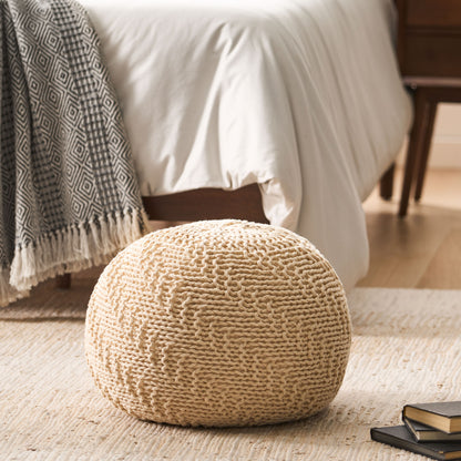Beryl Knitted Cotton Pouf, Beige