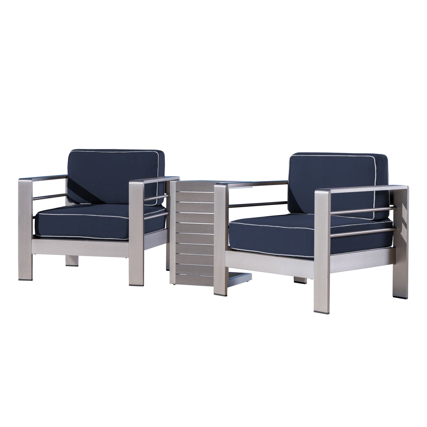 Zona Outdoor Aluminum Club Chairs and Faux Wood Side Table Set with Cushions