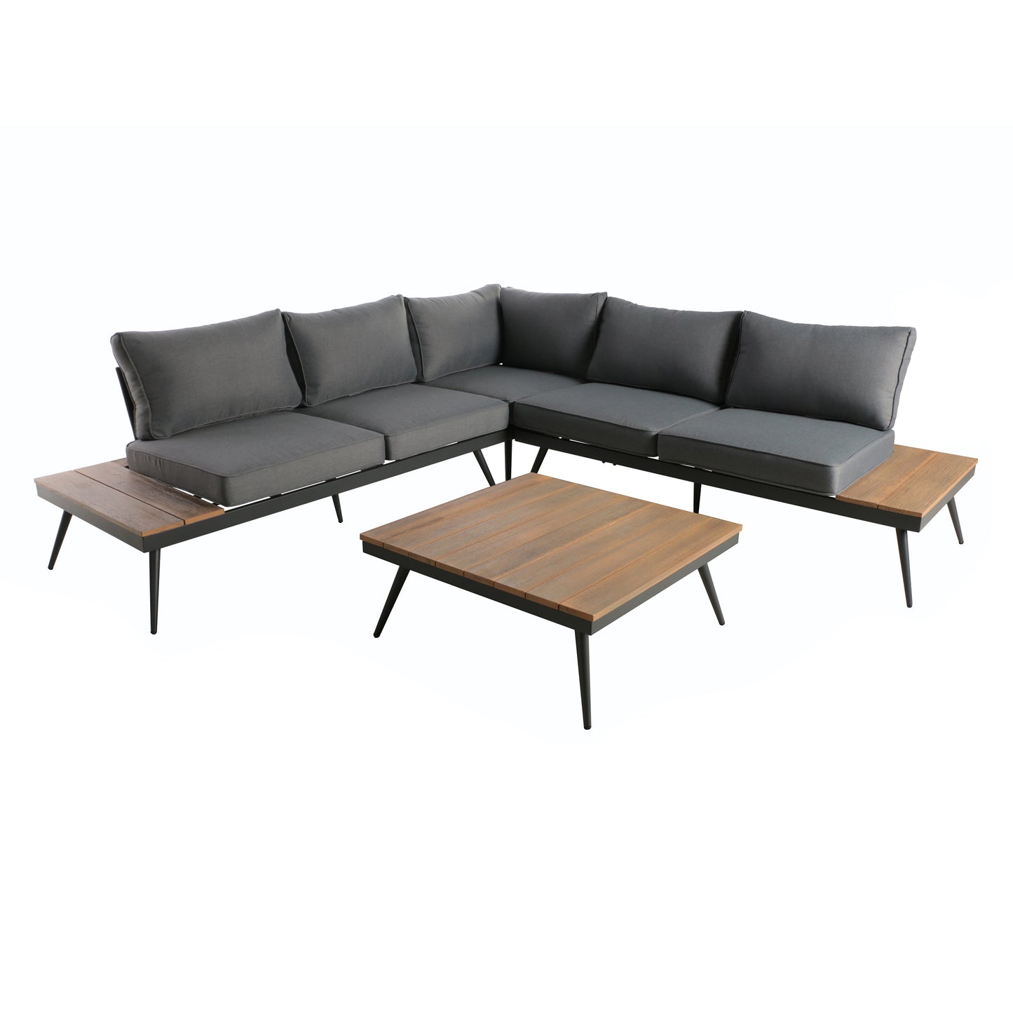 Deborah Outdoor Wood and Aluminum V-Shaped 5 Seater Sofa Set