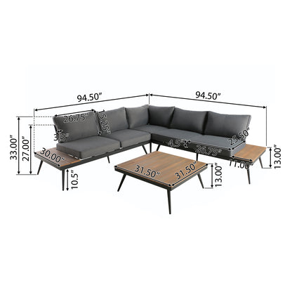 Deborah Outdoor Wood and Aluminum V-Shaped 5 Seater Sofa Set