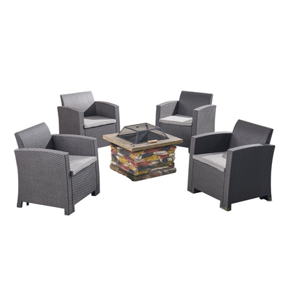 Rohirrim Outdoor 4-Seater Wicker Print Chat Set with Wood Burning Fire Pit