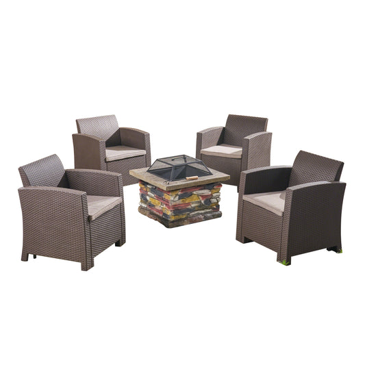 Victor Outdoor 4-Seater Wicker Print Chat Set with Wood Burning Fire Pit, Brown and Mixed Beige and Natural Stone