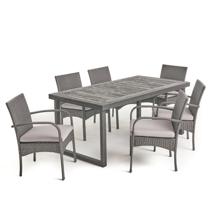 Doris Outdoor 6-Seater Acacia Wood Dining Set with Wicker Chairs
