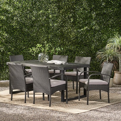 Doris Outdoor 6-Seater Acacia Wood Dining Set with Wicker Chairs