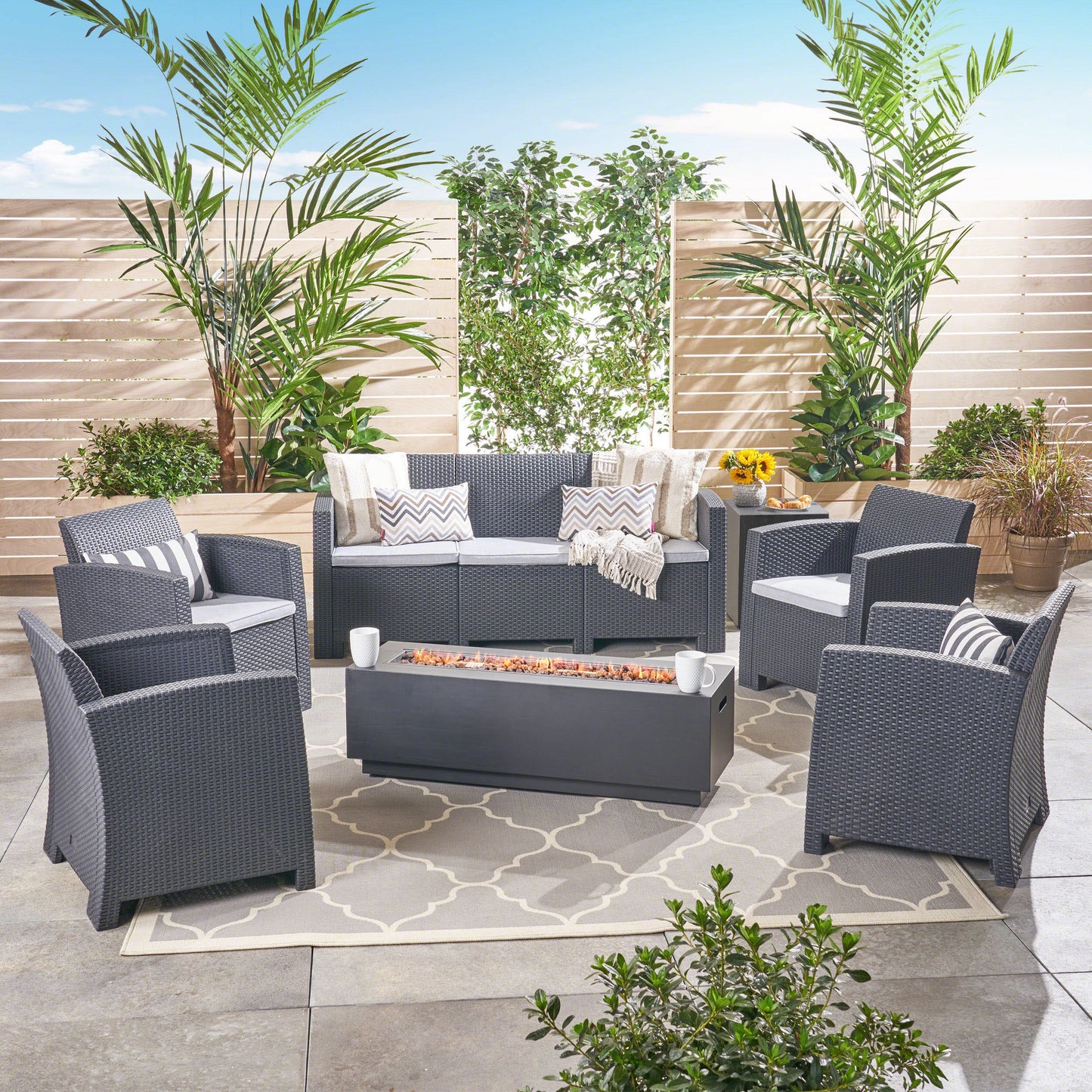 Dane Outdoor 7-Seater Wicker Print Chat Set with Fire Pit and Tank Holder, Charcoal with Light Gray and Dark Gray