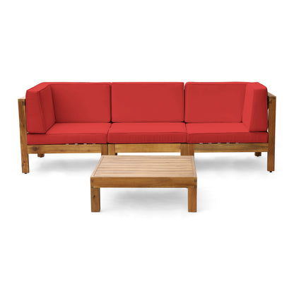 Brava Outdoor Modular Acacia Wood Sofa and Coffee Table Set with Cushions