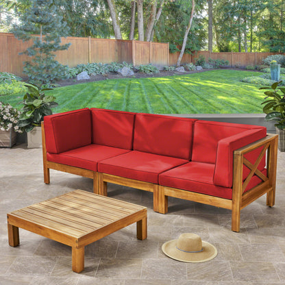 Brava Outdoor Modular Acacia Wood Sofa and Coffee Table Set with Cushions