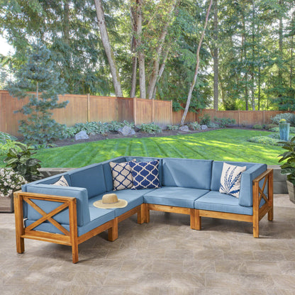 Brava Outdoor Acacia Wood 5 Seater Sectional Sofa Set with Water-Resistant Cushions