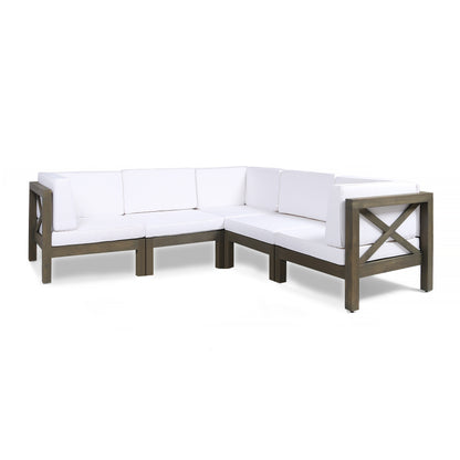 Keith Outdoor Acacia Wood 5 Seater Sectional Sofa Set with Water-Resistant Cushions