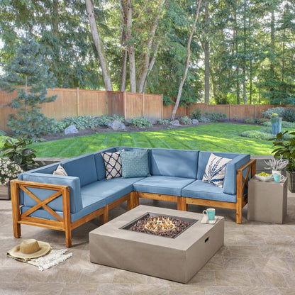 Cynthia Outdoor Acacia Wood 7-Piece Sectional Sofa Set with Fire Pit
