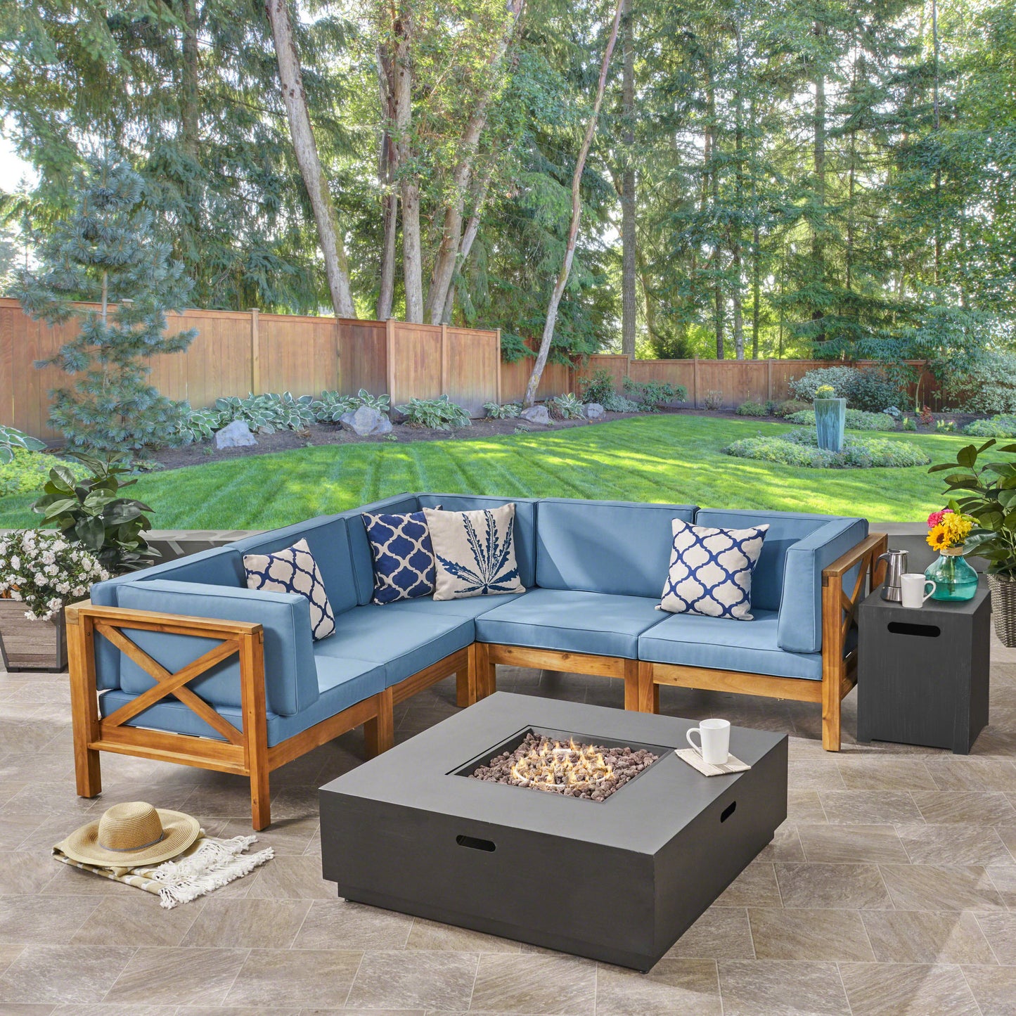 Gina Outdoor Acacia Wood 5 Seater Sectional Sofa Set with Fire Pit