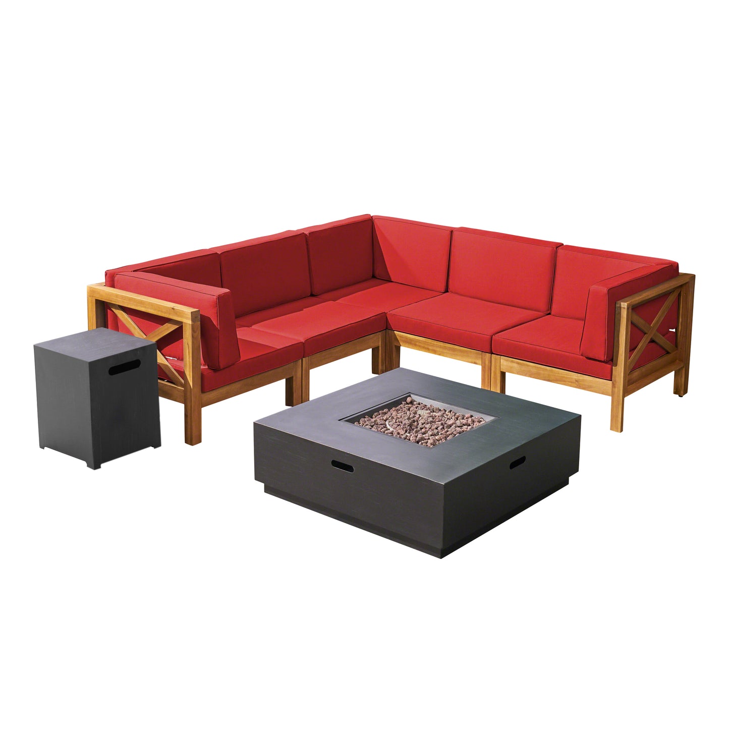 Gina Outdoor Acacia Wood 5 Seater Sectional Sofa Set with Fire Pit