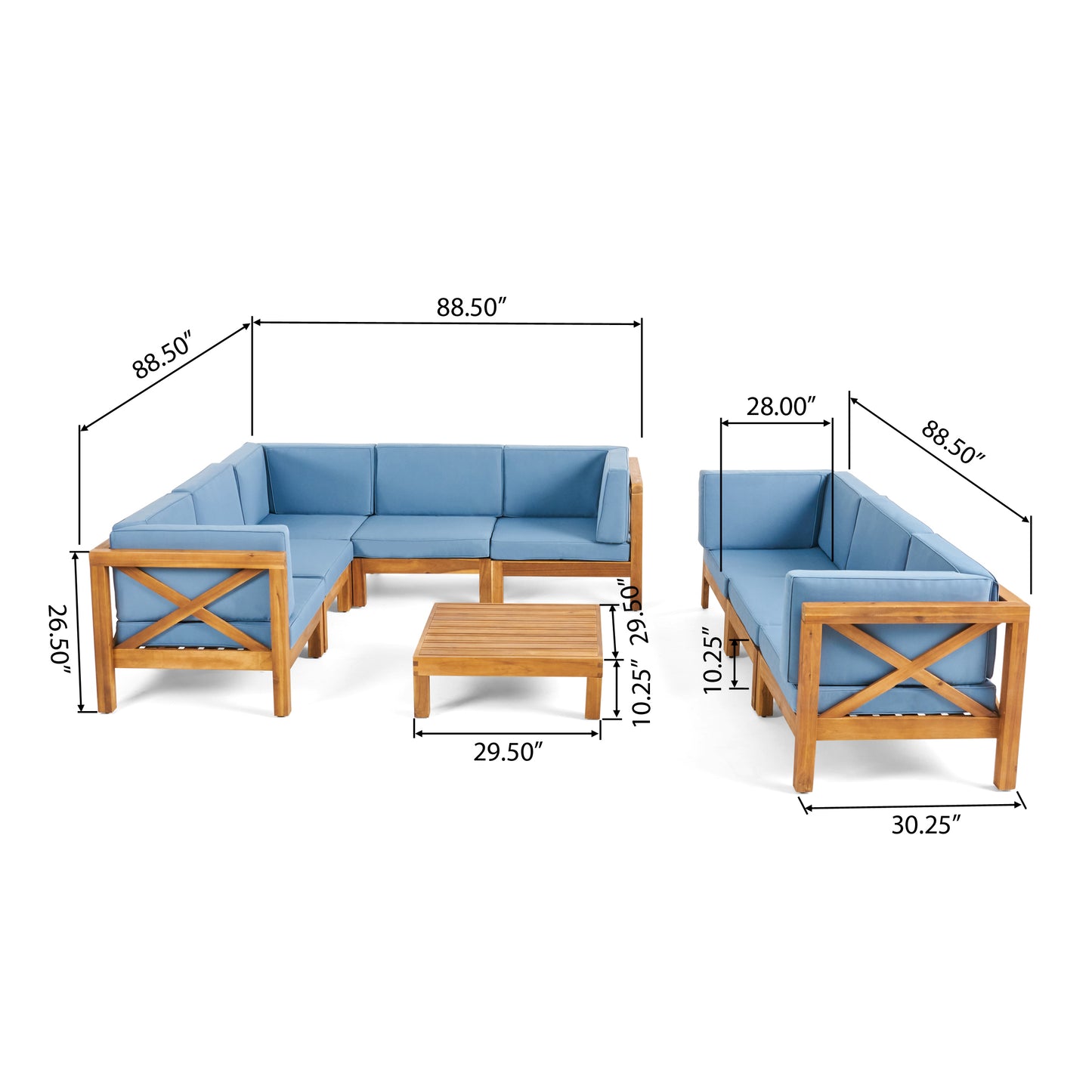 Cynthia Outdoor Acacia Wood 8 Seater Sectional Sofa Set with Coffee Table, Teak, Blue