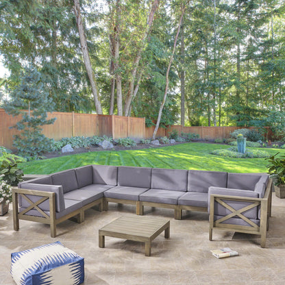 Keith Outdoor Acacia Wood 8 Seater U-Shaped Sectional Sofa Set with Coffee Table