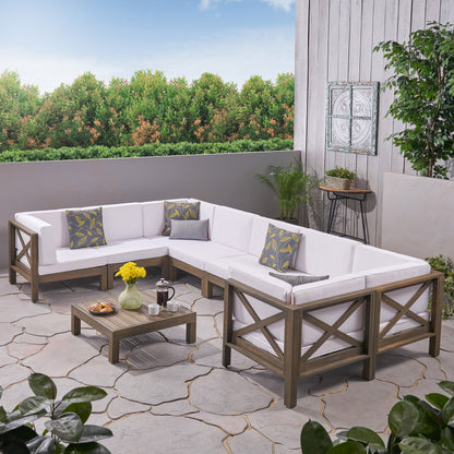 Keith Outdoor Acacia Wood 10 Seater U-Shaped Sectional Sofa Set with Two Coffee Tables