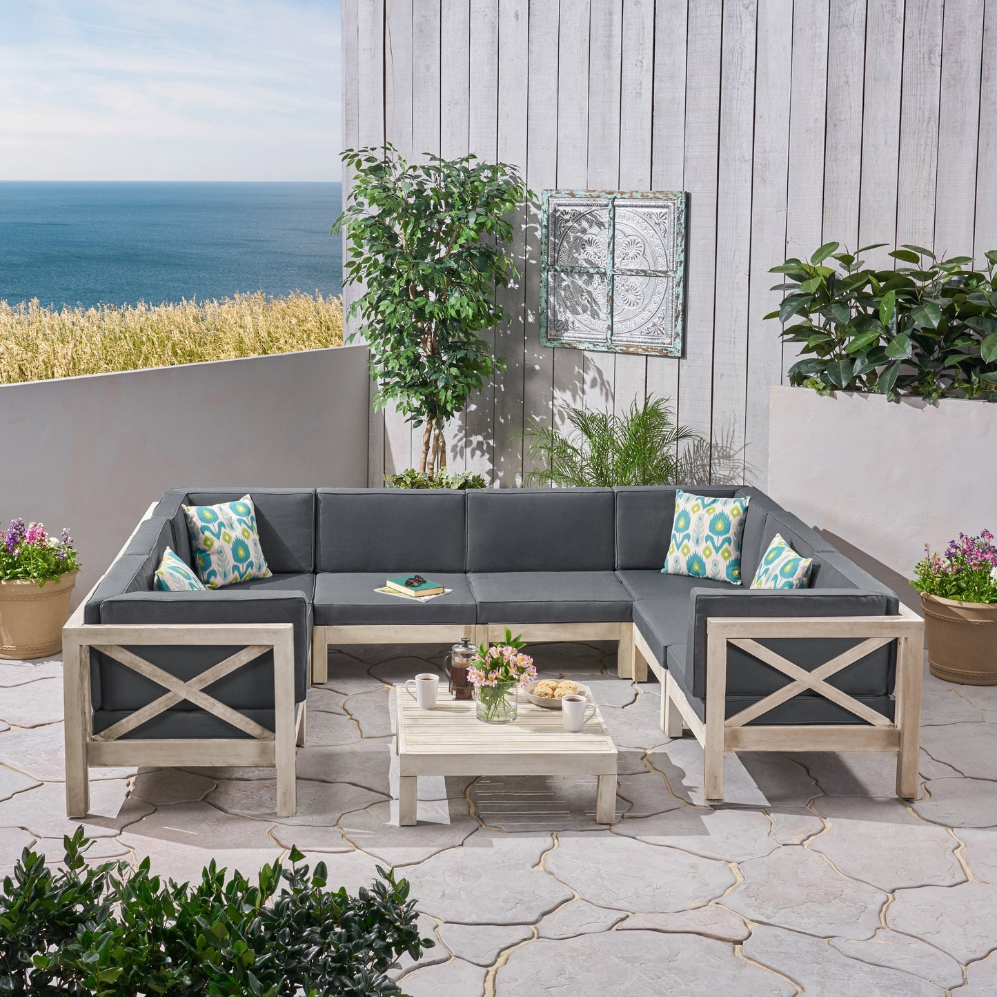Brava Outdoor 8-Seater Acacia Wood Sectional Sofa Set with Coffee Table