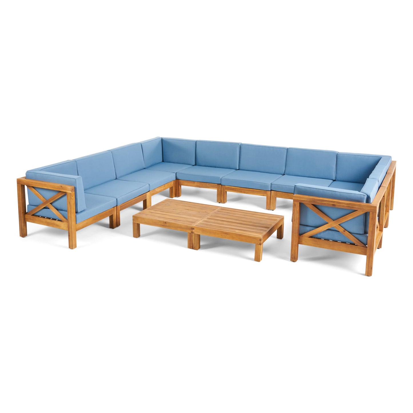 Cynthia Outdoor Acacia Wood 12-Piece U-Shaped Sectional Sofa Set with Two Coffee Tables