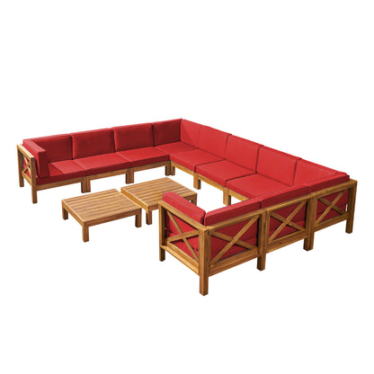 Keith Outdoor Acacia Wood 10 Seater U-Shaped Sectional Sofa Set with Two Coffee Tables