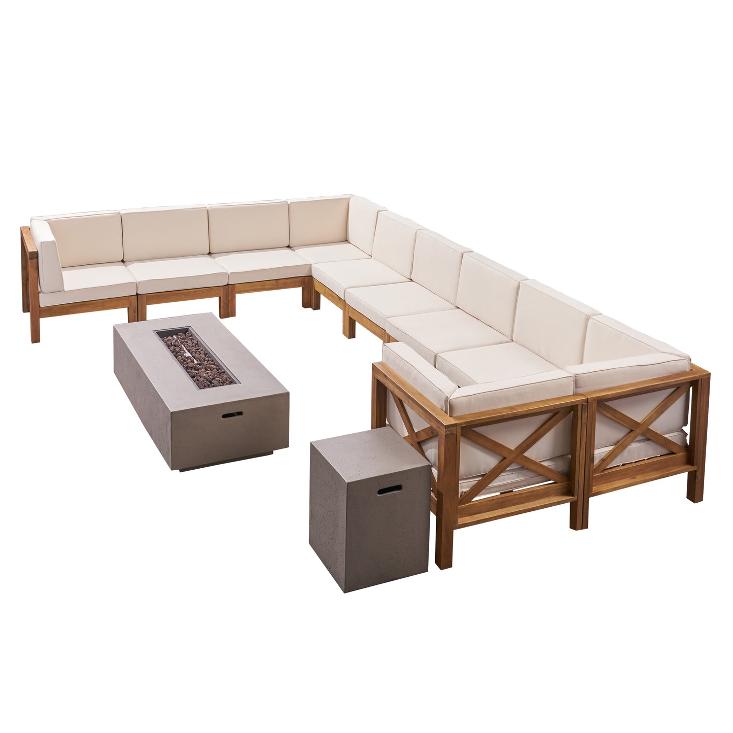 Cynthia Outdoor Acacia Wood 10 Seater U-Shaped Sectional Sofa Set with Fire Pit