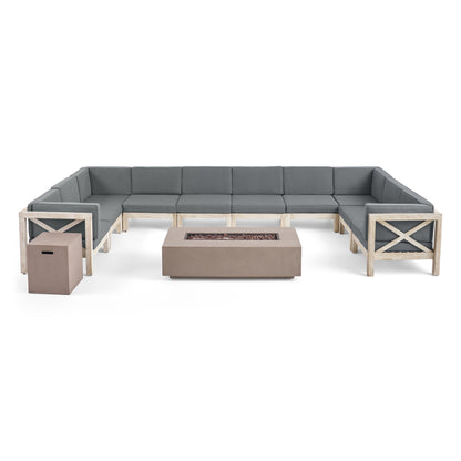 Cynthia Outdoor Acacia Wood 10 Seater U-Shaped Sectional Sofa Set with Fire Pit