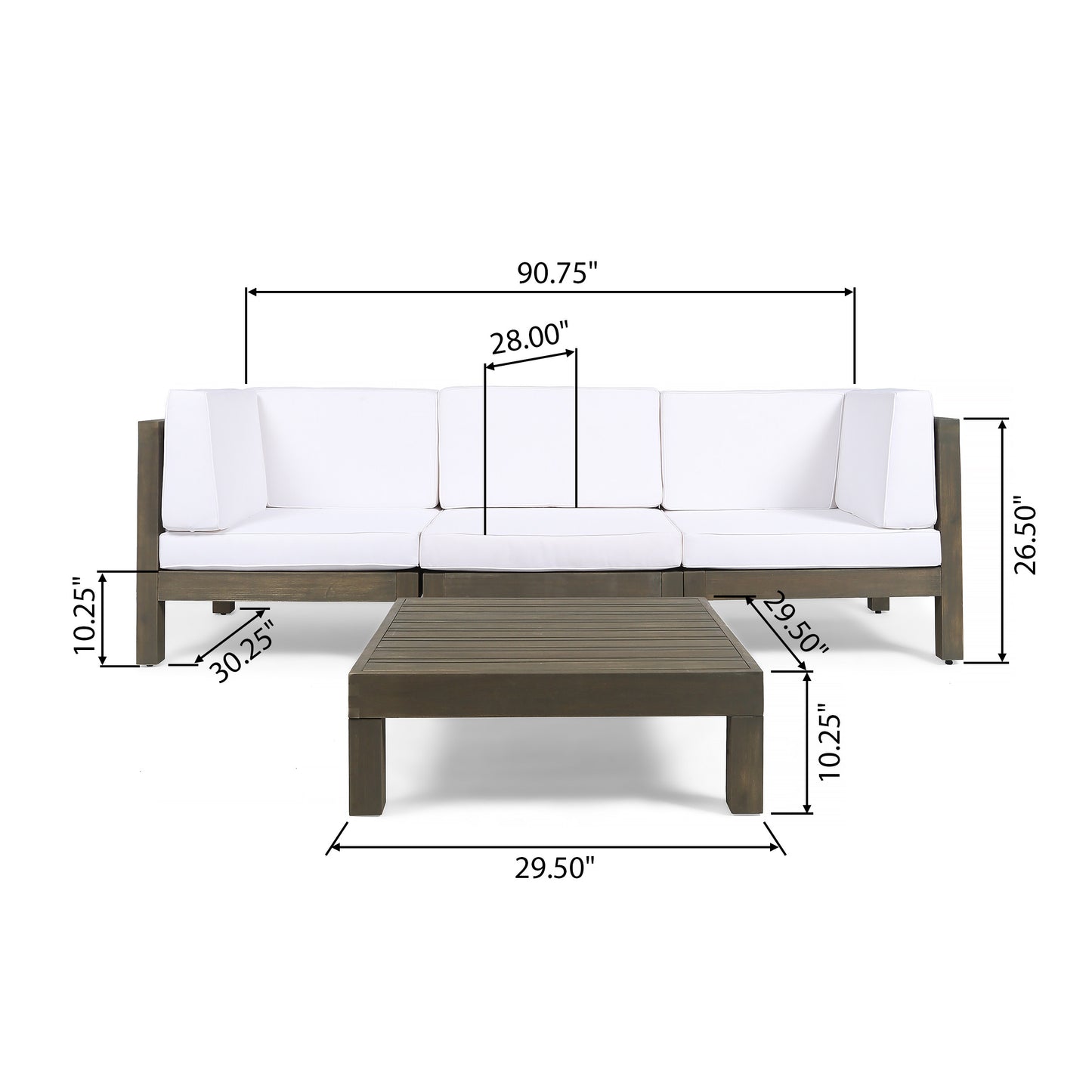 Dawson Outdoor Sectional Sofa Set with Coffee Table - 4-Piece 3-Seater - Acacia Wood - Outdoor Cushions