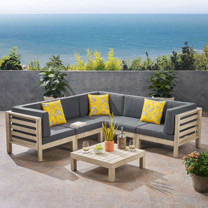 Dawson Outdoor V-Shaped Sectional Sofa Set with Coffee Table - 6-Piece 5-Seater - Acacia Wood - Outdoor Cushions - Weathered Gray and Dark Gray