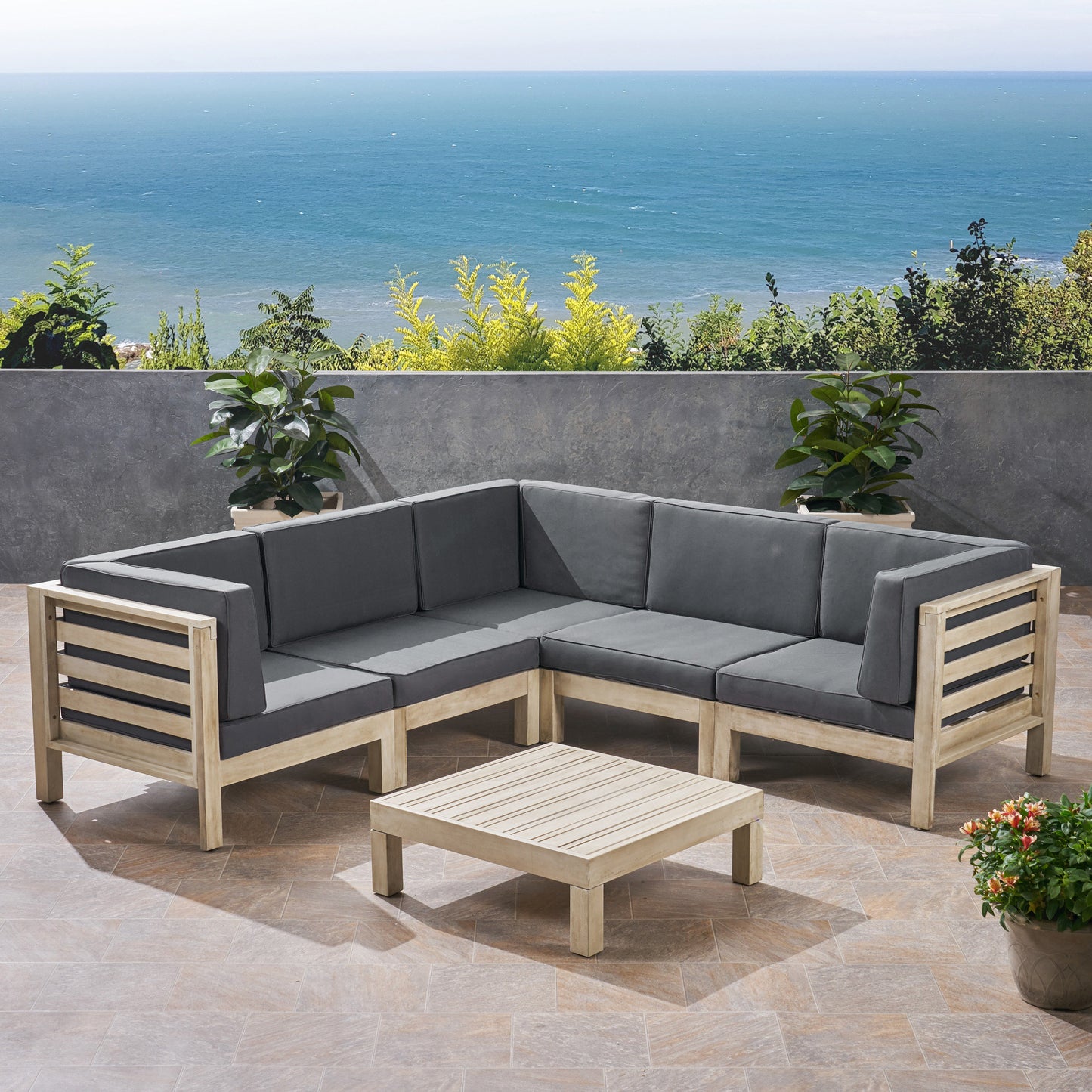Dawson Outdoor V-Shaped Sectional Sofa Set with Coffee Table - 6-Piece 5-Seater - Acacia Wood - Outdoor Cushions - Weathered Gray and Dark Gray