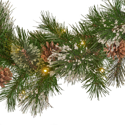 9-foot Mixed Spruce Pre-Lit Warm White LED Artificial Christmas Garland with Snowy Branches and Pinecones