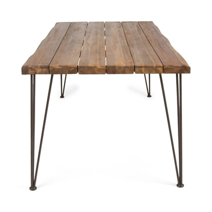 Kama Patio Dining Table, Rectangular, 72", Acacia Wood Table Top, Rustic Iron Hairpin Legs, Teak Finish
