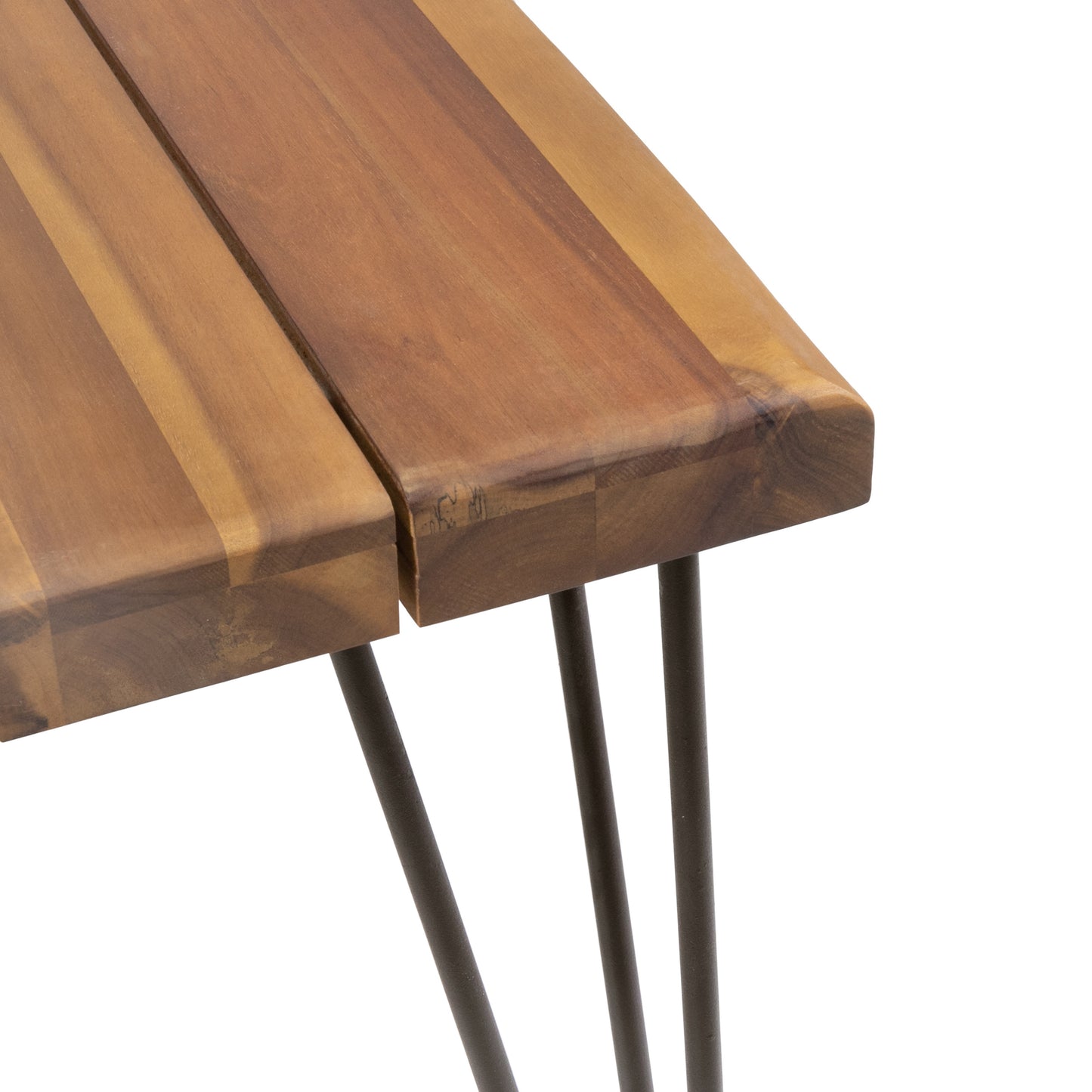 Kama Patio Dining Table, Rectangular, 72", Acacia Wood Table Top, Rustic Iron Hairpin Legs, Teak Finish