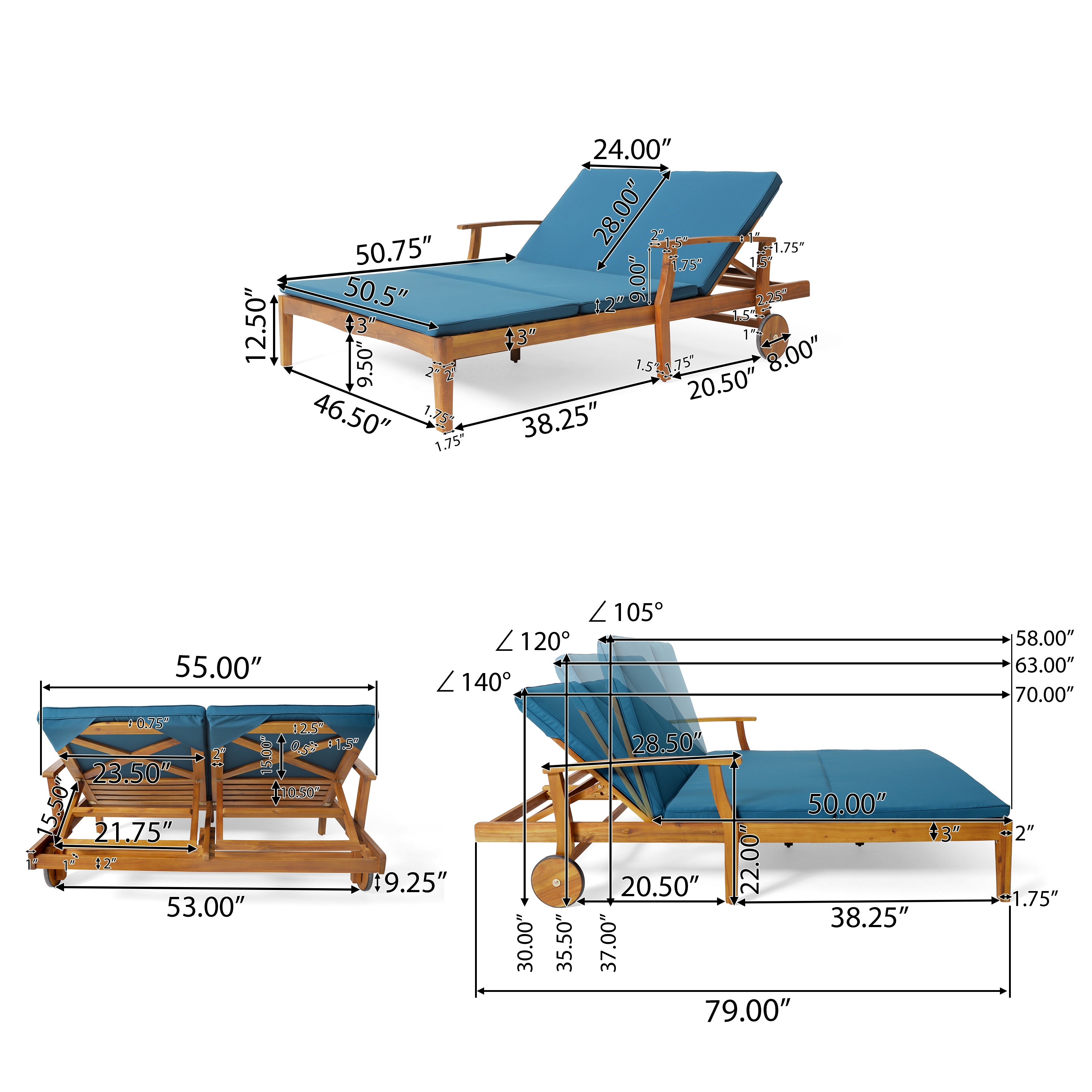 Samantha Double Chaise Lounge for Yard and Patio Acacia Wood