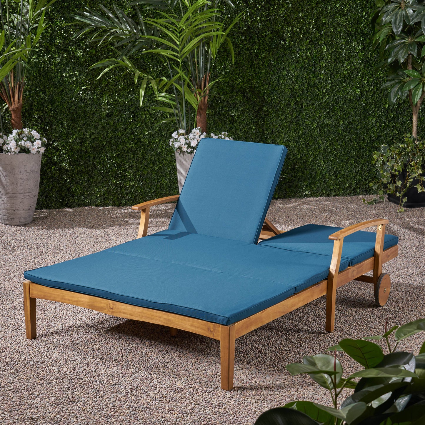 Samantha Double Chaise Lounge for Yard and Patio, Acacia Wood Frame