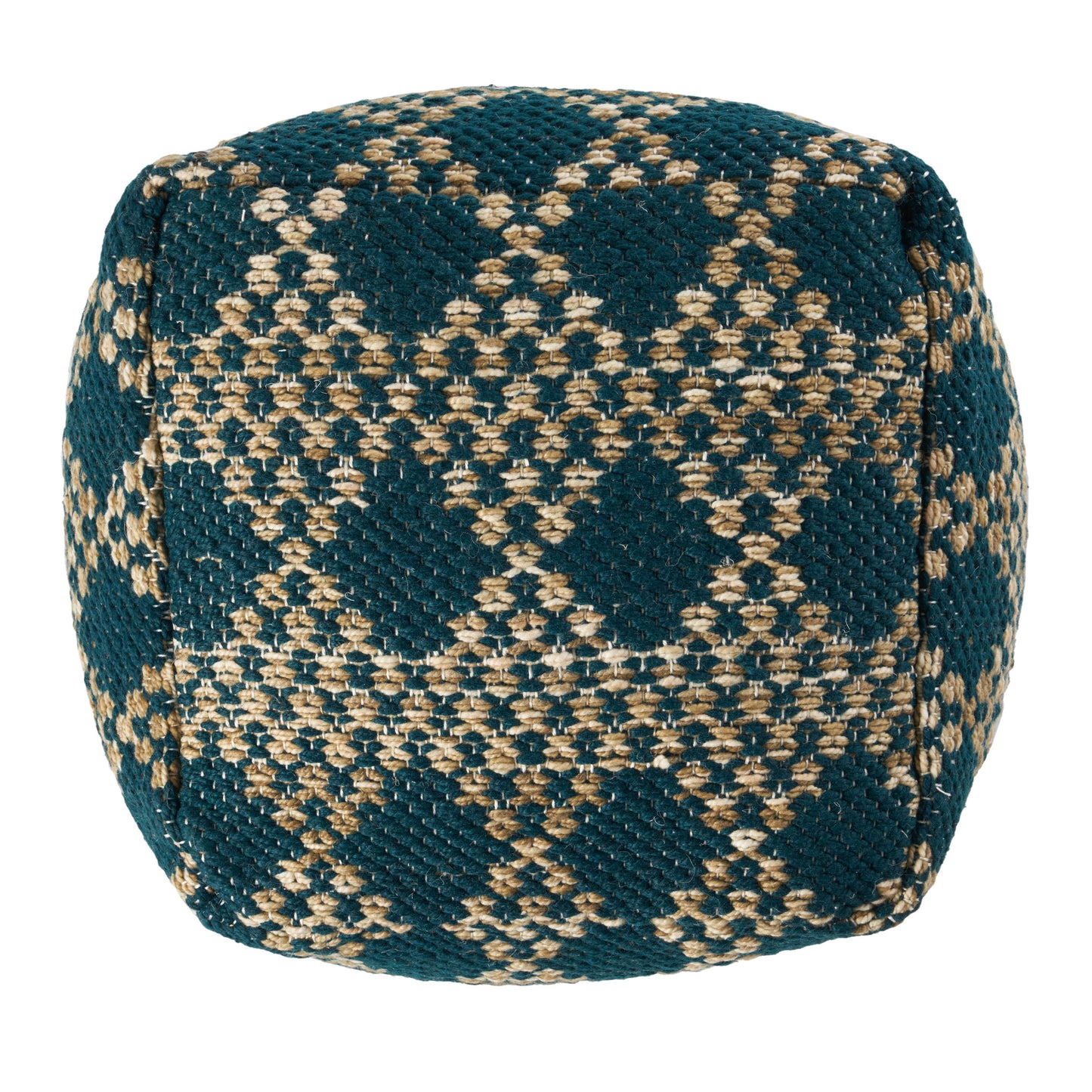 Mamie Boho Diamond Pattern Teal and Beige Yarn Cube Pouf